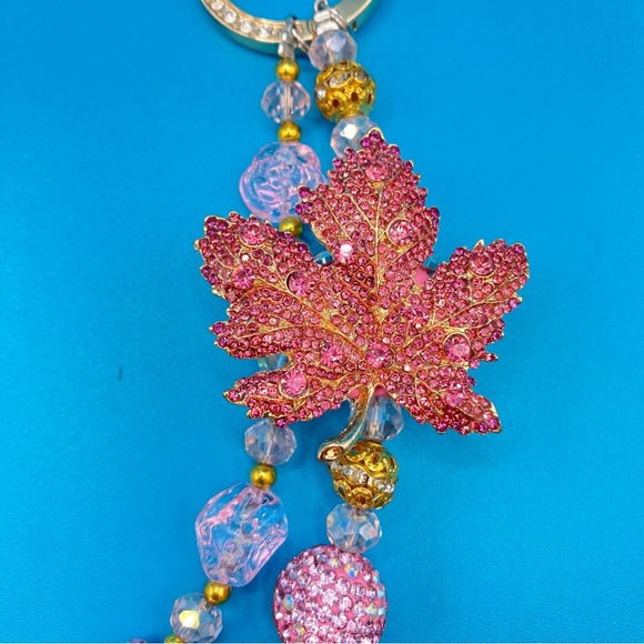🍁Luxury Bag/Phone Chain Charm/Keychain Pink Rhinestone MAPLE LEAF Bling Beads